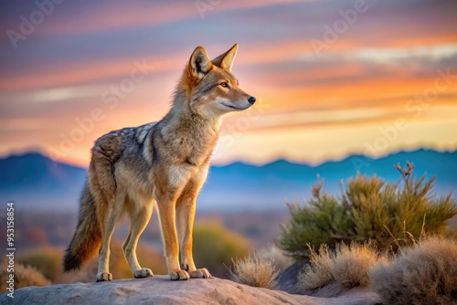 A lone, curious coyote with a bushy tail and ears perked up, gazing intently into the distance, set against a serene desert landscape at dusk. photo