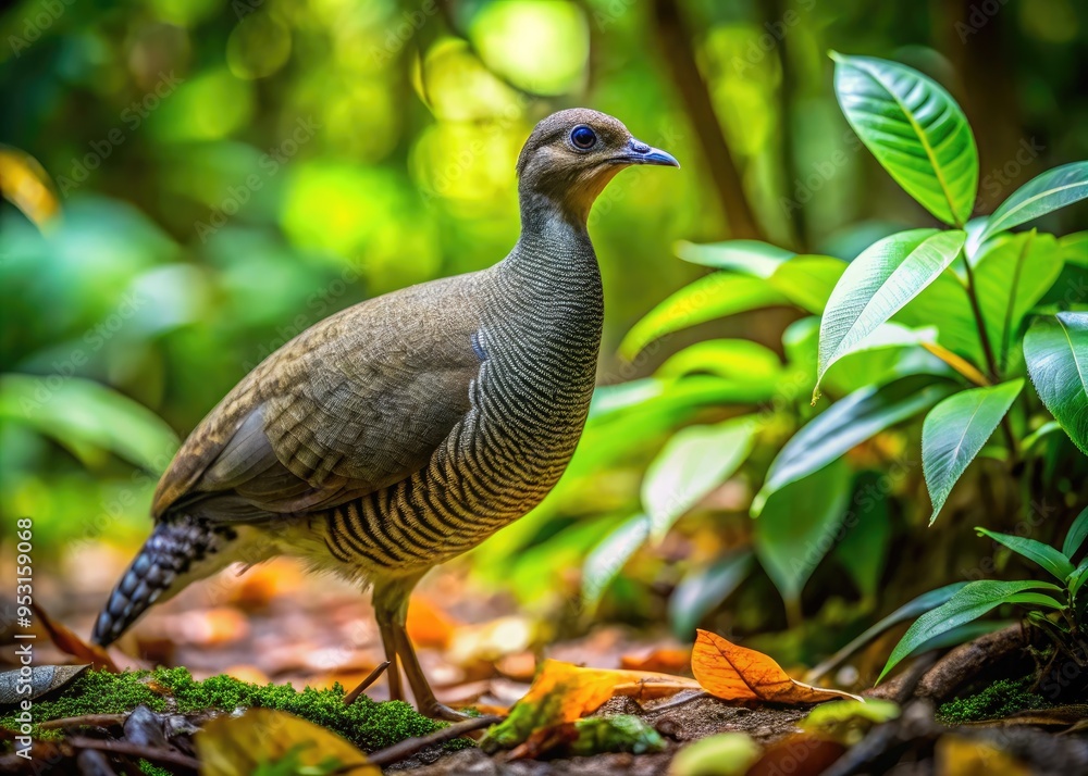 A lone Undulated Tinamou stands camouflaged in a misty, lush rainforest undergrowth, its subtle plumage blending seamlessly with the dappled shadows and forest floor debris. A lone Undulated Tinamou stands camouflaged in a misty, lush rainforest undergrowth, its subtle plumage blending seamlessly with the dappled shadows and forest floor debris.