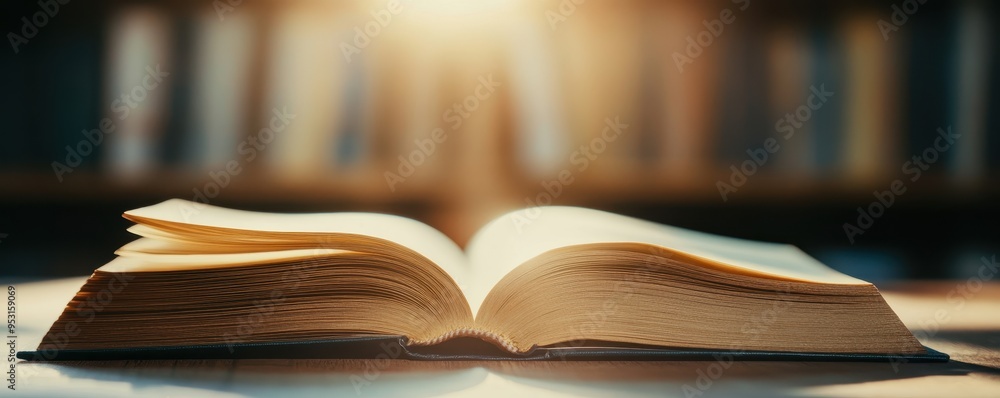 Open book on a table in a library with sunlight passing through, symbolizing knowledge, learning, and education. Open book on a table in a library with sunlight passing through, symbolizing knowledge, learning, and education.
