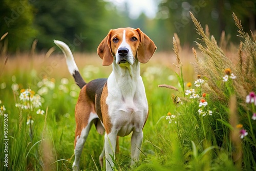 A majestic American Foxhound dog with a gentle expression and floppy ears stands in a lush green meadow, surrounded by tall grasses and wildflowers. photo