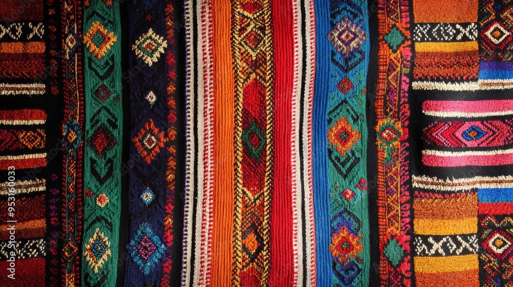 A traditional South American wallpaper with a repeating pattern of intricate Bolivian weaving designs in rich colors. The design forms a border around a large blank central area, perfect for text A traditional South American wallpaper with a repeating pattern of intricate Bolivian weaving designs in rich colors. The design forms a border around a large blank central area, perfect for text
