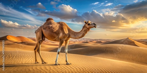 A majestic dromedary camel stands solo amidst endless desert dunes, its distinctive hump and gentle gaze evoking serenity and tranquility in the vast arid landscape. photo