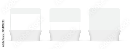 Set Of Viewpoint Tables With Backwall Banners, Exhibition Equipment, Isolated On White Background. Vector Illustration