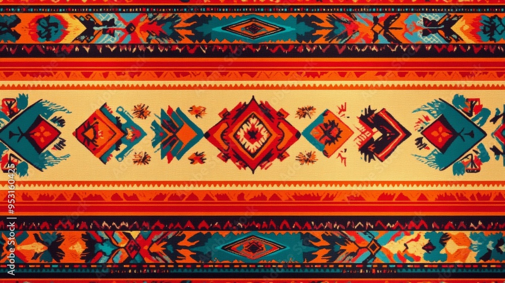 A vibrant South American wallpaper featuring a repeating pattern of intricate Andean textiles in bold colors such as red, orange, and turquoise. The design is bordered by traditional geometric A vibrant South American wallpaper featuring a repeating pattern of intricate Andean textiles in bold colors such as red, orange, and turquoise. The design is bordered by traditional geometric