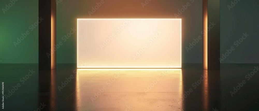 Elegant presentation space featuring a blank illuminated screen surrounded by golden pillars in a dark room with a glossy floor and green wall, ideal for branding or messaging. Elegant presentation space featuring a blank illuminated screen surrounded by golden pillars in a dark room with a glossy floor and green wall, ideal for branding or messaging.