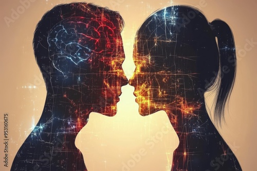 Brainpower Intimacy Silhouette of a couple with interconnected neural pathways depicting the inseparable mental bond and unity of thought in deep relationships
