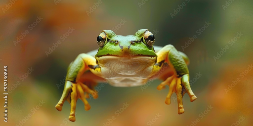 Obraz premium A leaping emerald amphibian is a rare sighting.