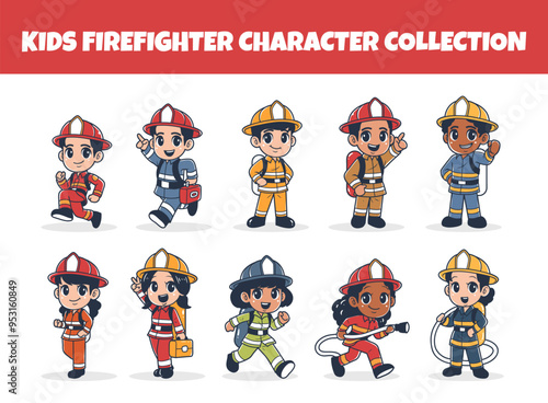 Kids firefighter character vector illustration set