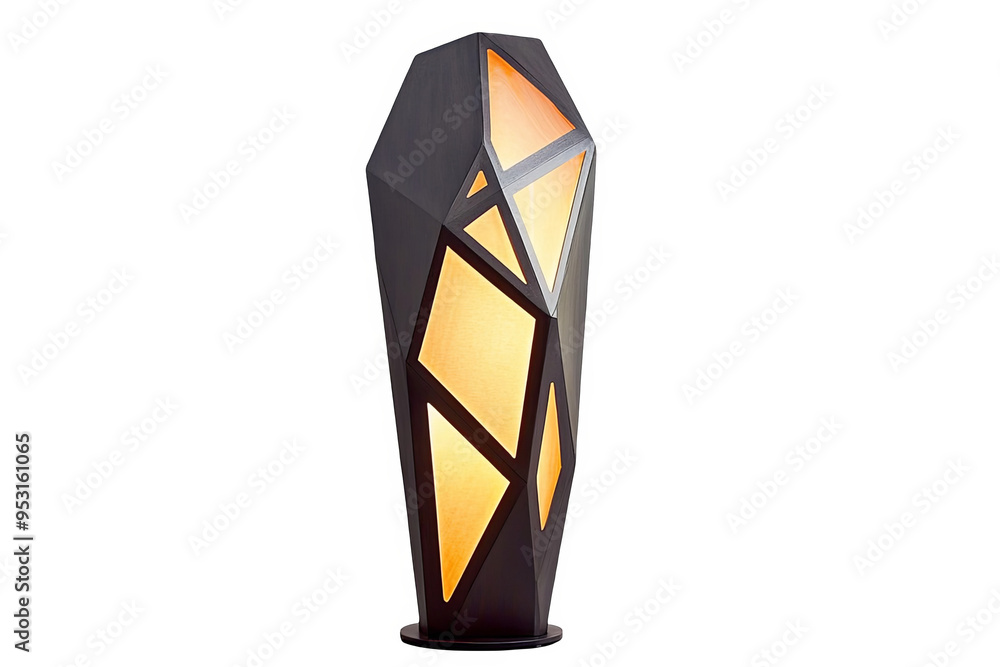 A tall, geometric lamp with a warm, yellow light emanating from within. A tall, geometric lamp with a warm, yellow light emanating from within.