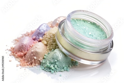 A soft, diffused light illuminates a delicate mound of shimmery loose eyeshadow, creating a subtle gradient of pastel hues