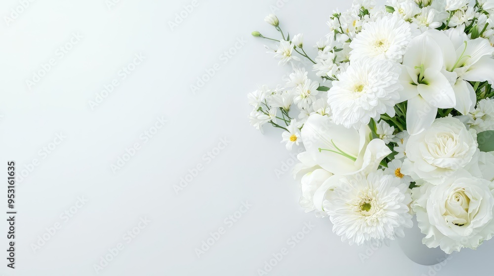 Elegant white flower arrangement on a soft background, perfect for weddings and celebrations, showcasing beauty and serenity. Elegant white flower arrangement on a soft background, perfect for weddings and celebrations, showcasing beauty and serenity.