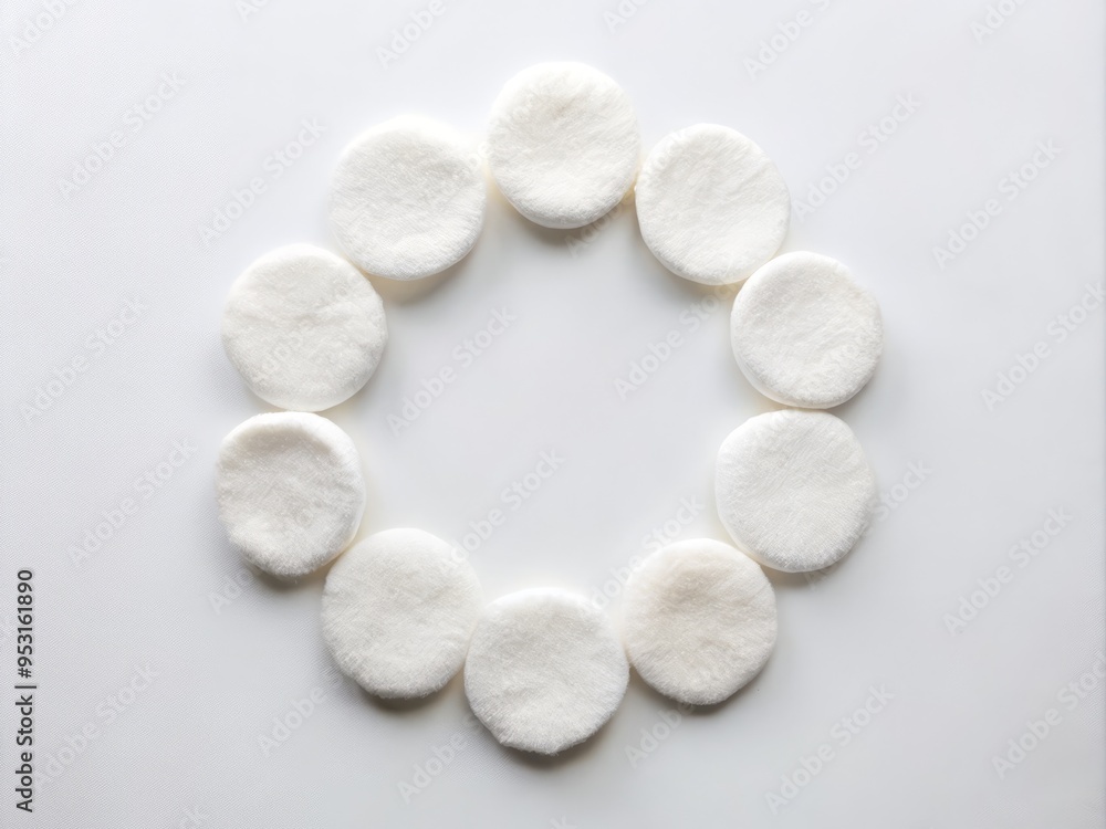 A minimalist composition featuring a few cotton pads arranged in a circular pattern on a clean, white background, with a slight gradient effect to suggest a calming, spa-like atmosphere.