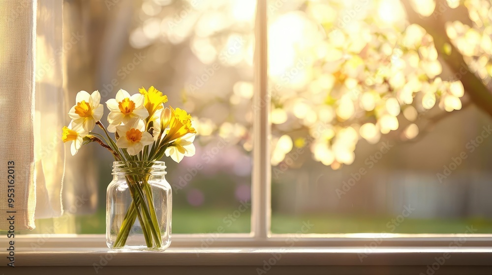 A beautiful bouquet of yellow daffodils in a jar, softly illuminated by sunlight streaming through a window. A beautiful bouquet of yellow daffodils in a jar, softly illuminated by sunlight streaming through a window.