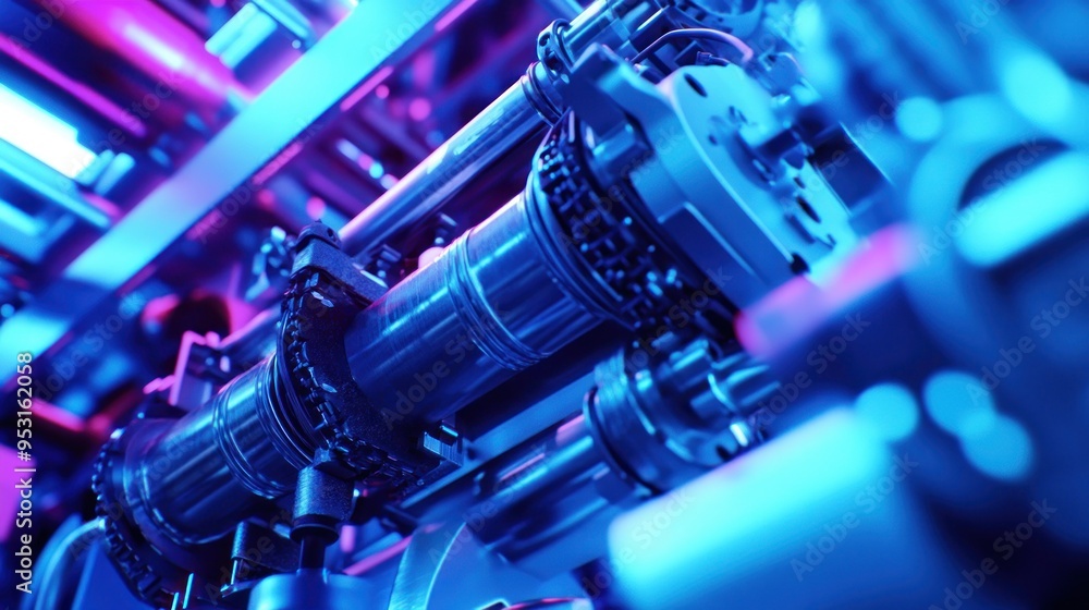 Fototapeta premium Industrial Machinery Close-up Under Neon Lights