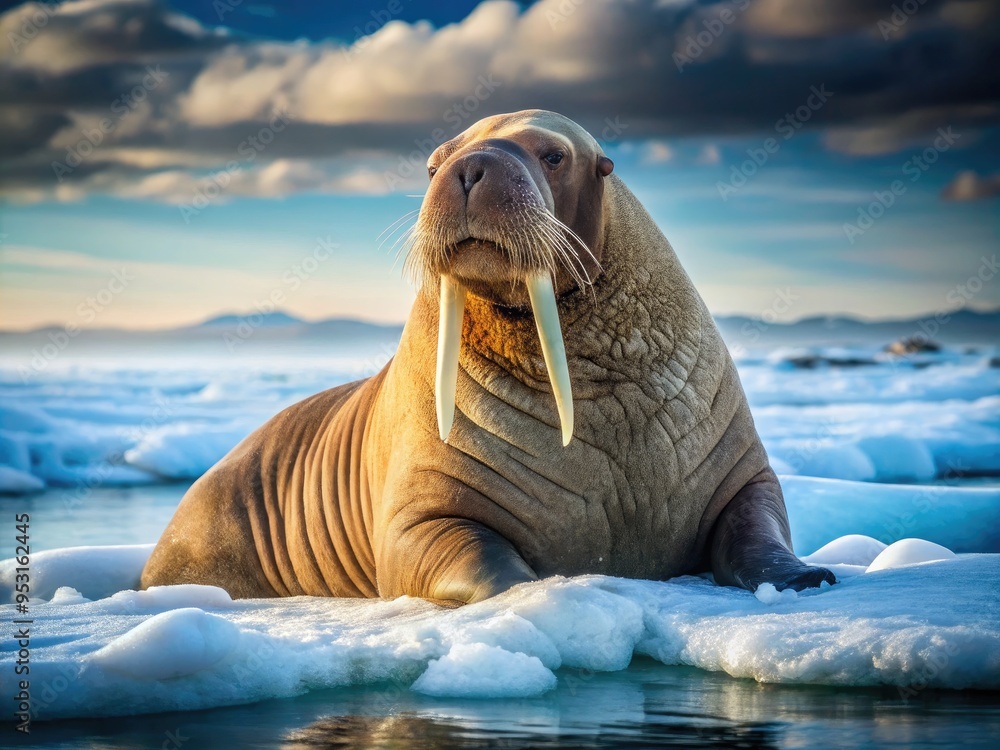 Fototapeta premium A majestic walrus rests on Arctic ice, its tusks and whiskers prominent, as it gazes calmly ahead, surrounded by frozen tundra and icy waters.