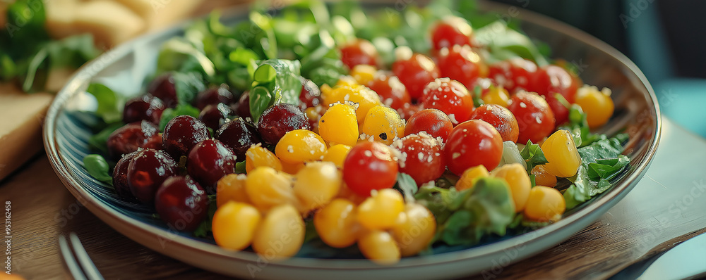 Balanced diet presentation with fresh fruits and vegetables, vibrant salad, and colorful smoothie in a clean, organized kitchen Balanced diet presentation with fresh fruits and vegetables, vibrant salad, and colorful smoothie in a clean, organized kitchen