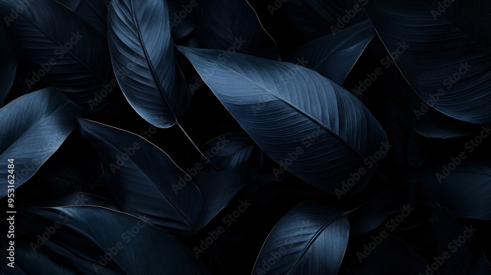 Fototapeta premium Dark, lush foliage featuring deep blue-green leaves creating a serene and tranquil atmosphere.