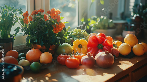 Balanced diet presentation with fresh fruits and vegetables, vibrant salad, and colorful smoothie in a clean, organized kitchen