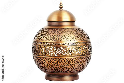 A round, ornate, brass lamp with intricate cutouts and a domed lid.