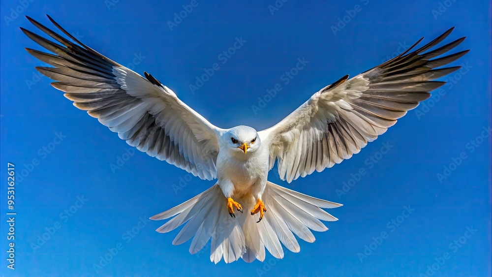 Obraz premium A Majestic White-Tailed Kite Soars Gracefully Through The Clear Blue Sky, Its Distinctive White Tail Feathers Trailing Behind It.