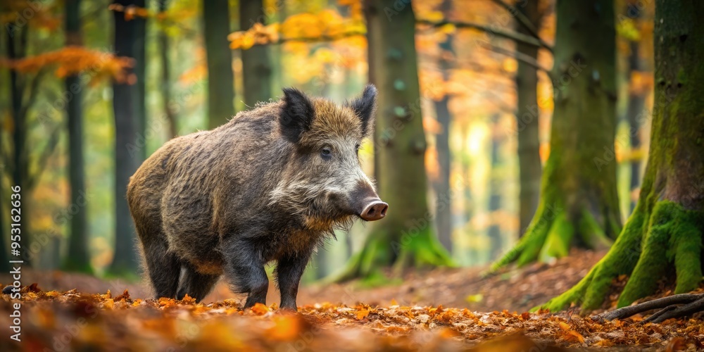A majestic wild boar with distinctive curved tusks and bristly fur roams freely in a lush forest, surrounded by dense undergrowth and fallen leaves. A majestic wild boar with distinctive curved tusks and bristly fur roams freely in a lush forest, surrounded by dense undergrowth and fallen leaves.