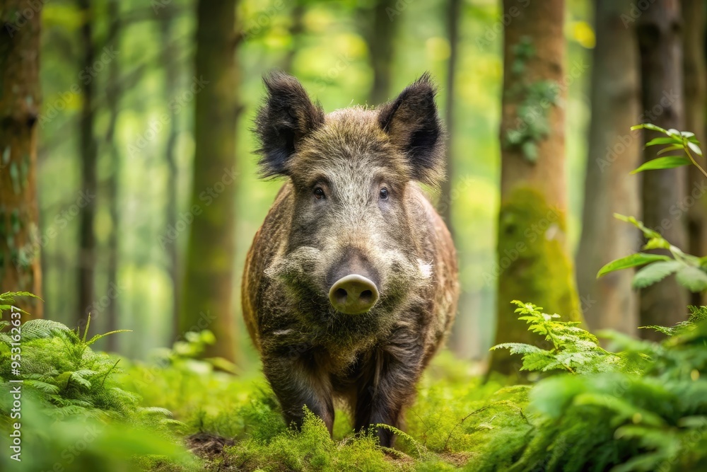 A majestic wild boar with razor-sharp tusks and coarse, bristly fur roams freely in a lush, verdant forest, its piercing eyes scanning the surroundings. A majestic wild boar with razor-sharp tusks and coarse, bristly fur roams freely in a lush, verdant forest, its piercing eyes scanning the surroundings.