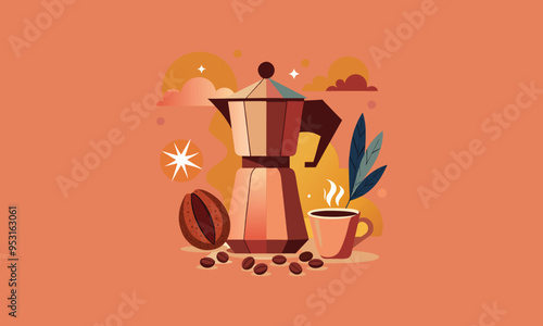 Italian espresso coffee with cup hand drawn vector illustration. Sign with Moka Pot Italian espresso machine for logo cafe, card, poster. Coffee cup decorative border design. Hot drink, morning