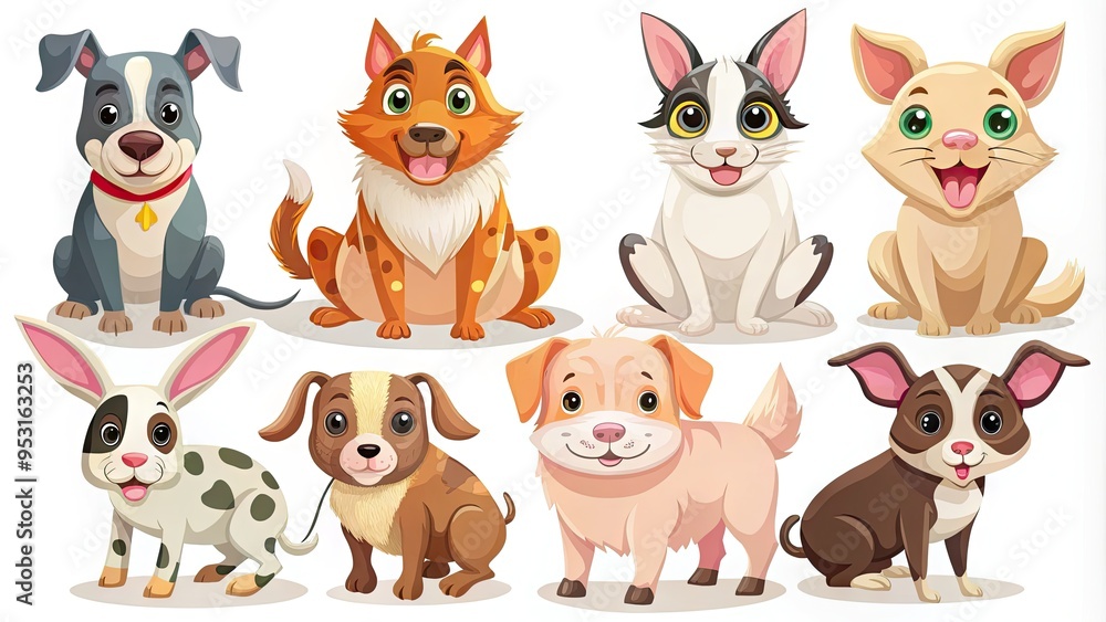 Animal-Themed Vector Illustrations Of A Dog, Cat, Rabbit, Pig, And Cow, In Various Poses And Expressions. Animal-Themed Vector Illustrations Of A Dog, Cat, Rabbit, Pig, And Cow, In Various Poses And Expressions.