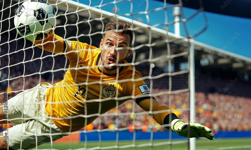 The goalkeeper dives to make a save with a determined expression on his face