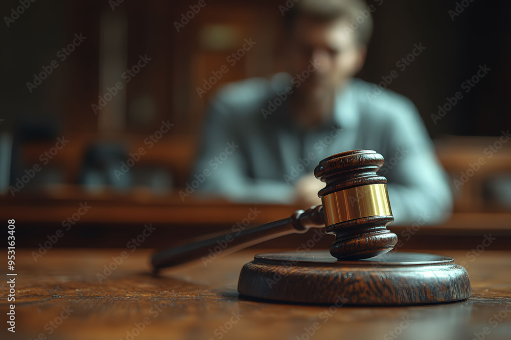 Close-up of a gavel on a table with a blurred, sorrowful defendant man in the background at a court. A wooden judge's hammer in a tribunal room. Close-up of a gavel on a table with a blurred, sorrowful defendant man in the background at a court. A wooden judge's hammer in a tribunal room.
