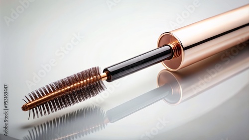 A beautifully lit, macro shot of a single Mascara Serum applicator, with the bristles elegantly curved, against a soft, white background, highlighting the precision and delicacy of the product.