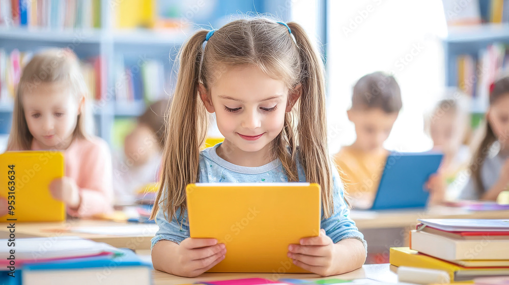 Little Learner: A young girl with pigtails smiles as she uses a tablet in a classroom setting. The photo evokes a sense of curiosity and joy in learning. Little Learner: A young girl with pigtails smiles as she uses a tablet in a classroom setting. The photo evokes a sense of curiosity and joy in learning.