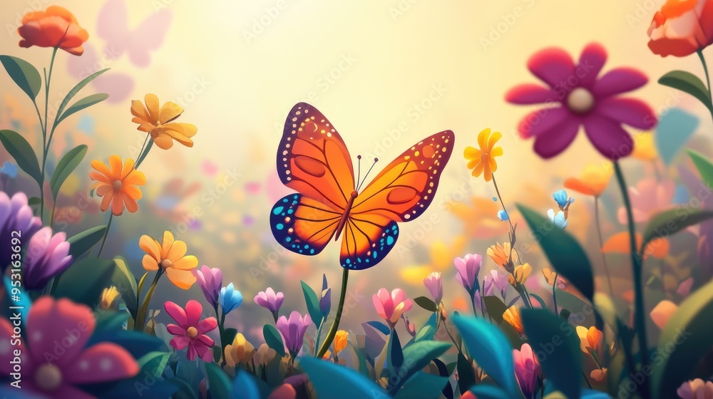 A bright and cheerful cartoon butterfly fluttering around a garden full of colorful flowers. A bright and cheerful cartoon butterfly fluttering around a garden full of colorful flowers.