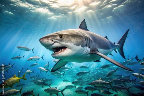 A powerful great white shark swims through clear turquoise water, its sharp teeth and fins visible, with a school of fish in the distance. photo