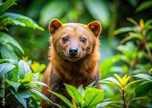 A rare and elusive bushdog, a wild canine with a reddish-brown coat and long snout, peers out from dense forest undergrowth in South America. photo