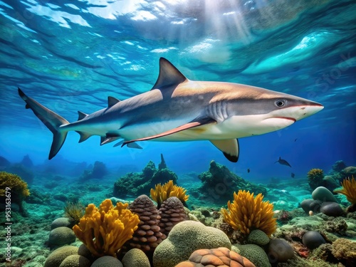 A powerful grey reef shark swims horizontally through clear turquoise ocean water, its sharp teeth and fins visible, with coral reef visible in the background.