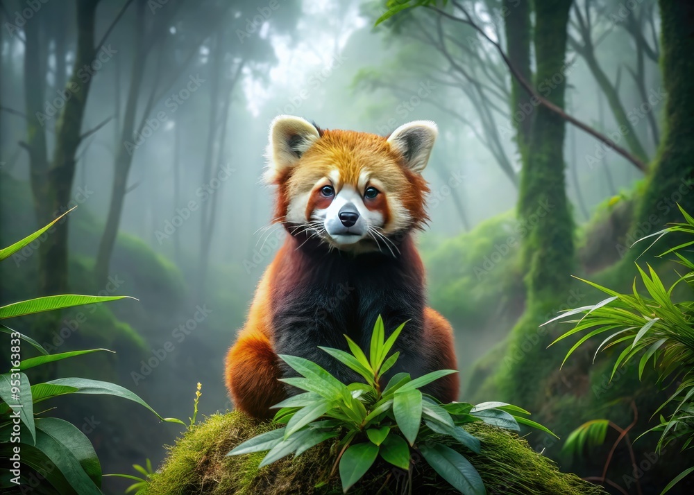 A rare and endangered red panda sits calmly in a misty forest, its fluffy fur a vibrant reddish-brown, surrounded by lush green bamboo and ferns. A rare and endangered red panda sits calmly in a misty forest, its fluffy fur a vibrant reddish-brown, surrounded by lush green bamboo and ferns.