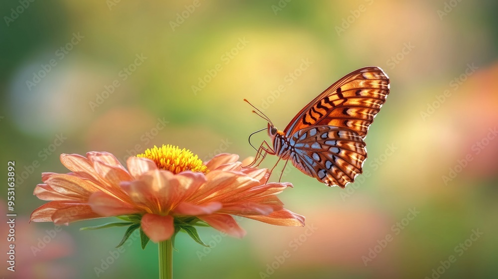 A butterfly perched delicately on a flower, with its wings spread wide, symbolizing transformation and the beauty of nature. A butterfly perched delicately on a flower, with its wings spread wide, symbolizing transformation and the beauty of nature.