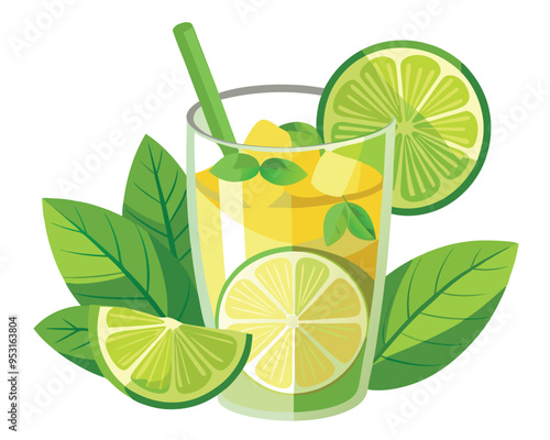 Lemon lime green mojito with mint leaves, vector illustration