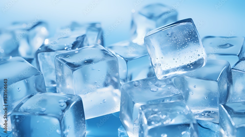 Falling ice cubes splash into clear water against a gradient blue background. Falling ice cubes splash into clear water against a gradient blue background.
