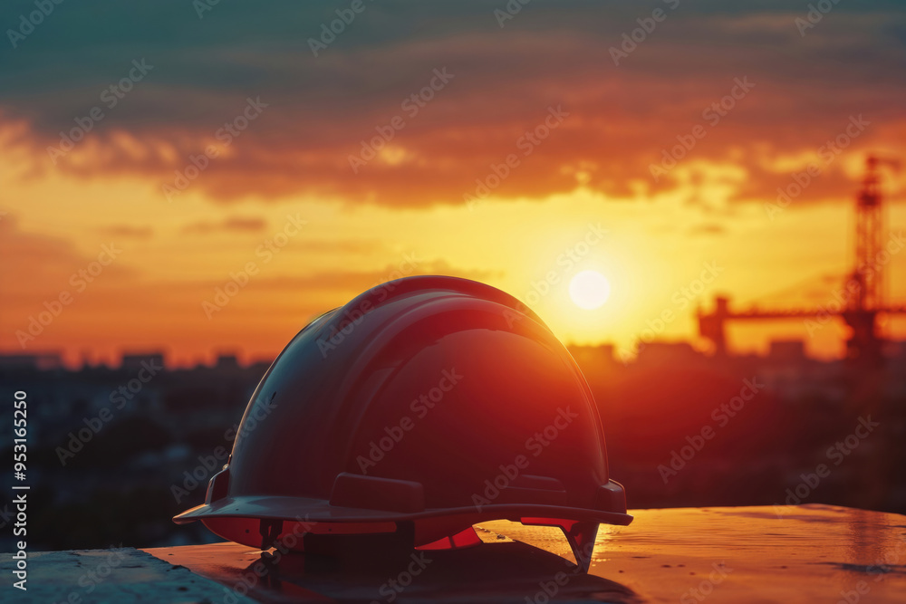 Construction helmet on concrete surface with a building top at sunset, city skyline and construction crane silhouetted background Construction helmet on concrete surface with a building top at sunset, city skyline and construction crane silhouetted background