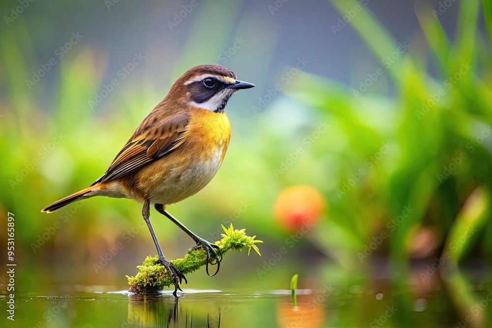 A small, brown bird with distinctive black throat patch perches on a thin branch amidst lush green vegetation in a serene and misty swamp environment. A small, brown bird with distinctive black throat patch perches on a thin branch amidst lush green vegetation in a serene and misty swamp environment.