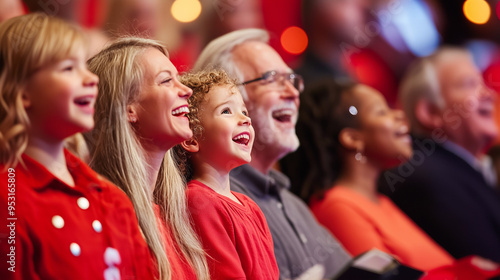 Christmas Eve Mass scene with families, including children and elderly, gathered in beautifully decorated church. Warm lighting, candles, and golden accents highlight the solemn and joyful atmosphere.