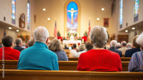 Christmas Eve Mass scene with families, including children and elderly, gathered in beautifully decorated church. Warm lighting, candles, and golden accents highlight the solemn and joyful atmosphere.