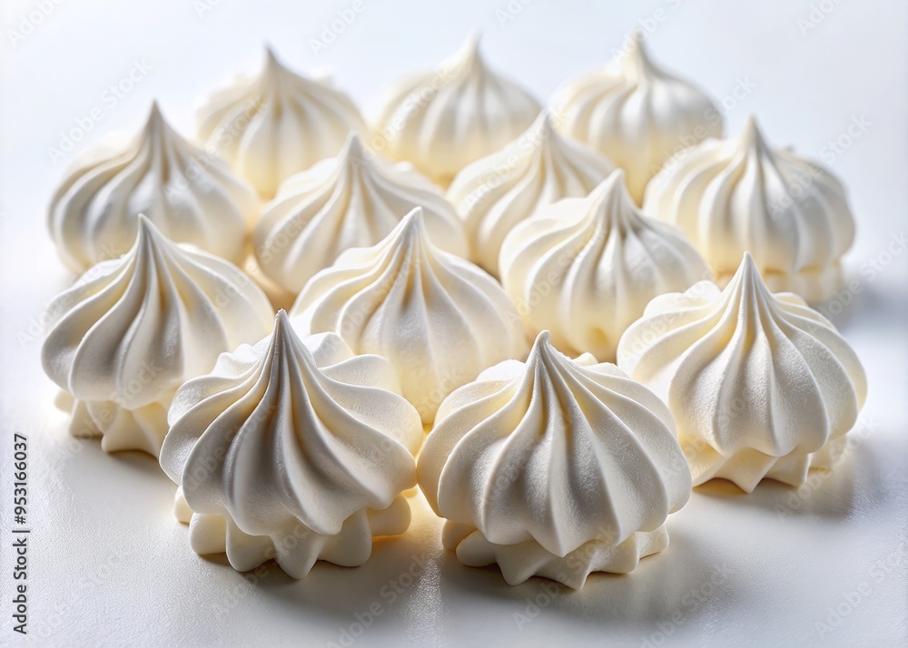 Delicate, hand-beaten egg whites, stiff and holding their shape, in a neat, circular formation, set against a flawless white background, perfect for highlighting culinary technique. Delicate, hand-beaten egg whites, stiff and holding their shape, in a neat, circular formation, set against a flawless white background, perfect for highlighting culinary technique.