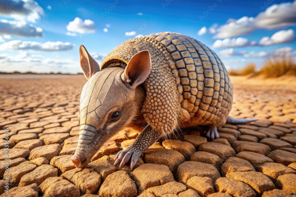 A small, furry armadillo with a long pointed snout and protective shell digs into the earth with its sharp claws in a dry, cracked desert landscape. A small, furry armadillo with a long pointed snout and protective shell digs into the earth with its sharp claws in a dry, cracked desert landscape.