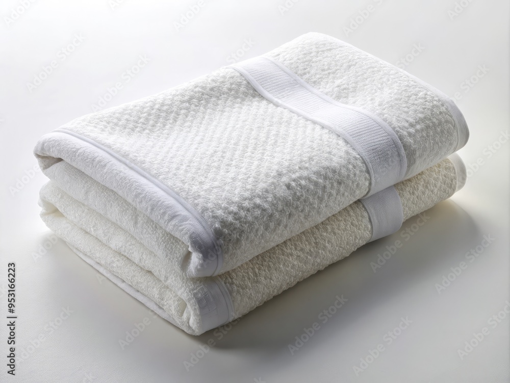 Refreshing white towel laid out against a pristine white background, showcasing its textured weave and subtle sheen Refreshing white towel laid out against a pristine white background, showcasing its textured weave and subtle sheen