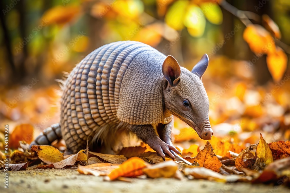 A small, furry armadillo with a long snout and curled tail digs into a sandy forest floor with its sharp claws, surrounded by fallen leaves. A small, furry armadillo with a long snout and curled tail digs into a sandy forest floor with its sharp claws, surrounded by fallen leaves.