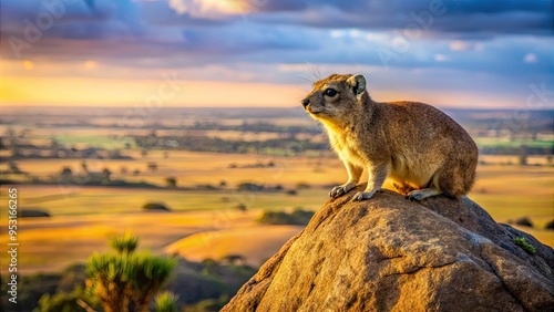 A small, furry hyrax perches on a sun-baked rock outcropping, gazing out at the vast expanse of African savannah landscape stretching to the horizon.