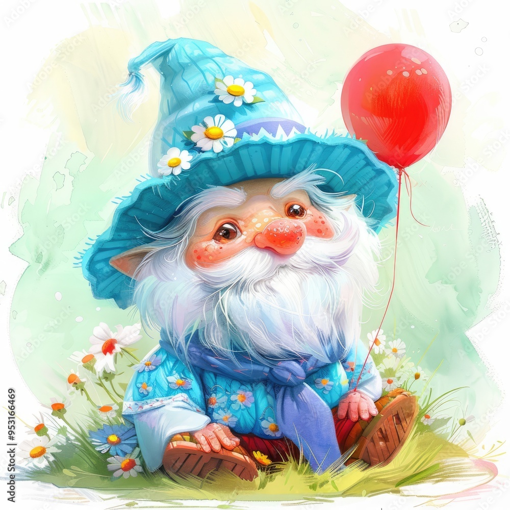 Obraz premium Charming gnome in a knitted hat with flowers and a blue scarf, holding a red balloon, on a white background, rendered in watercolor, perfect for decorating children's projects and designs.